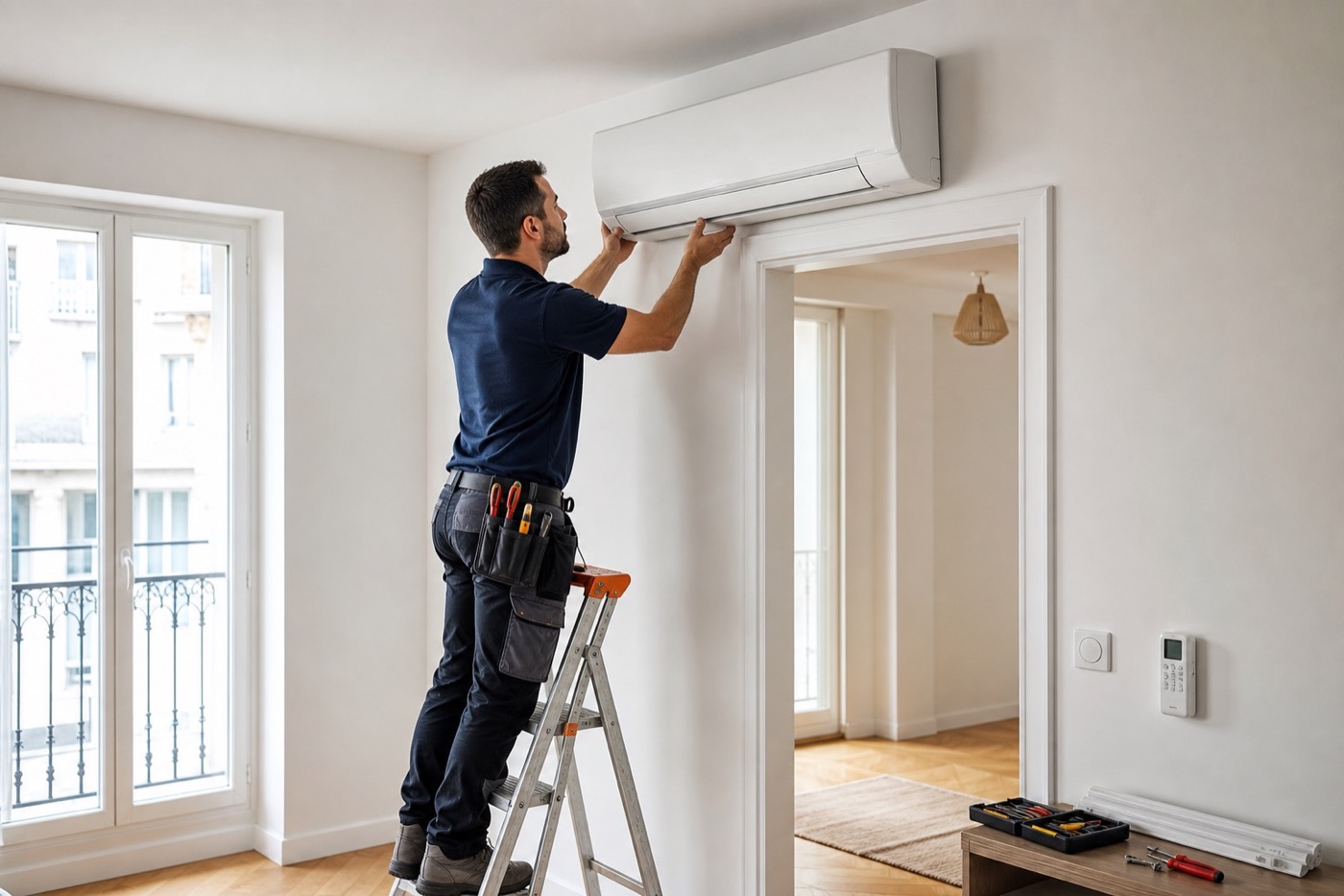 Technicien intervenant sur une unité de climatisation devant une maison en France